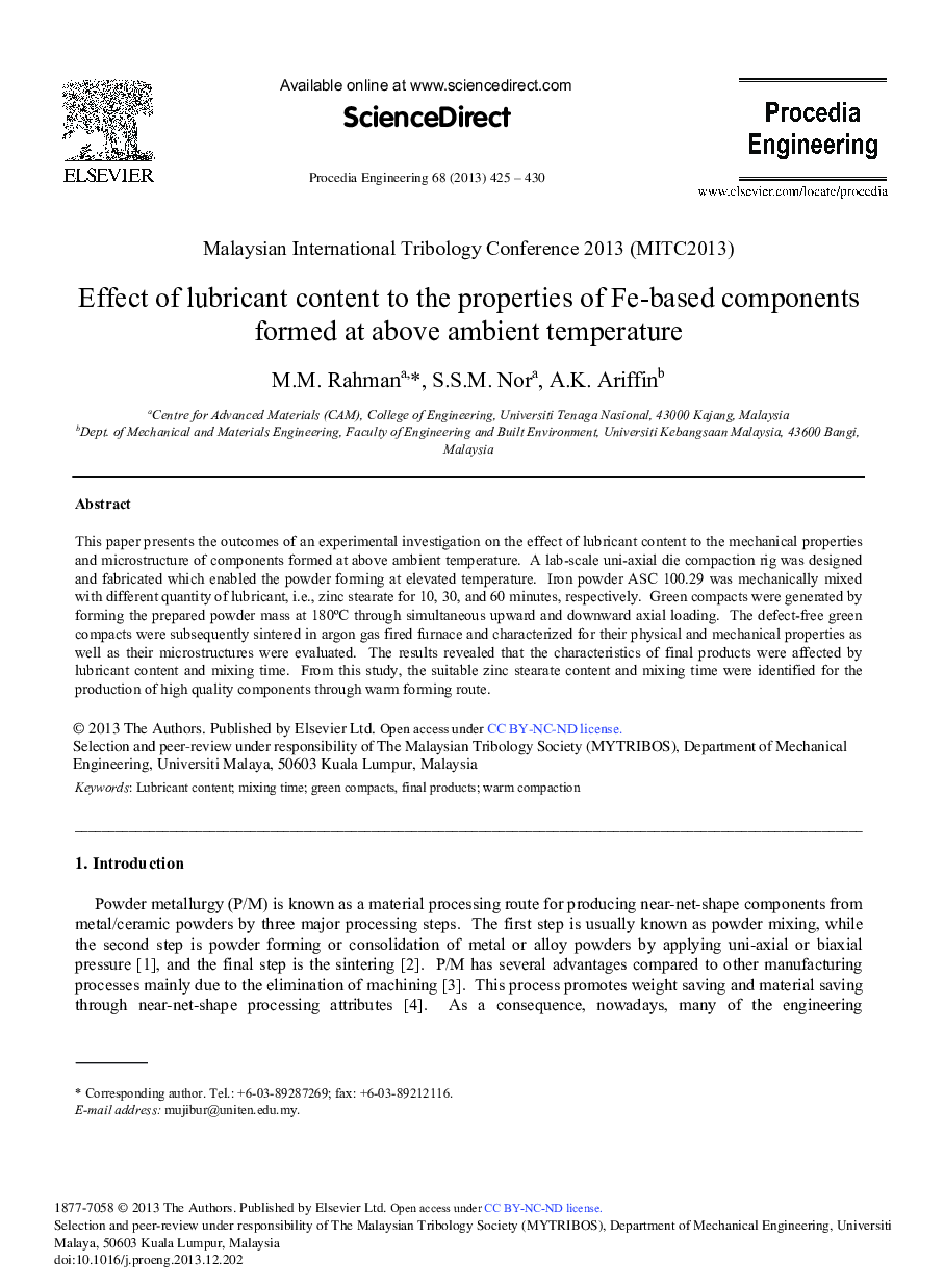 Effect of Lubricant Content to the Properties of Fe-based Components Formed at above Ambient Temperature 