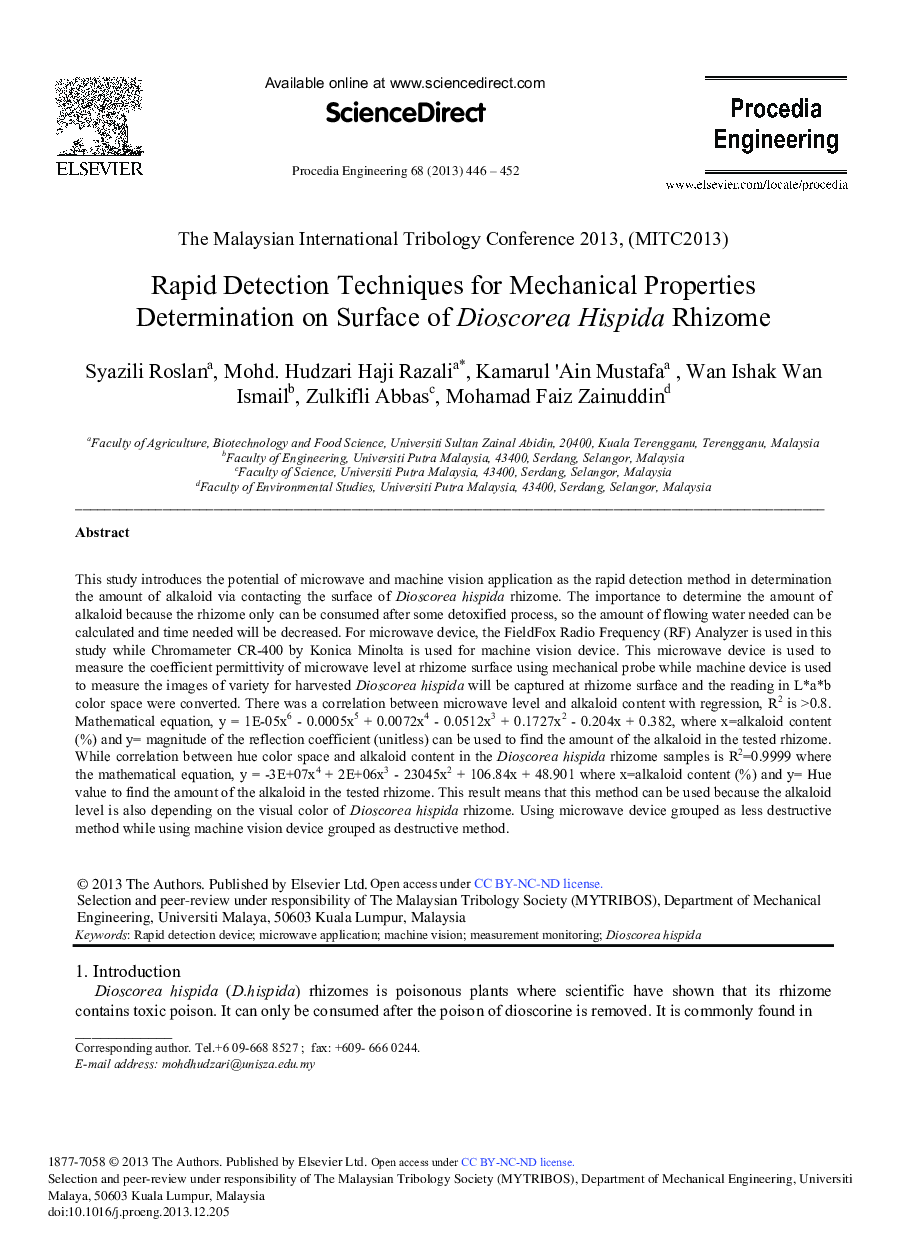 Rapid Detection Techniques for Mechanical Properties Determination on Surface of Dioscorea Hispida Rhizome 