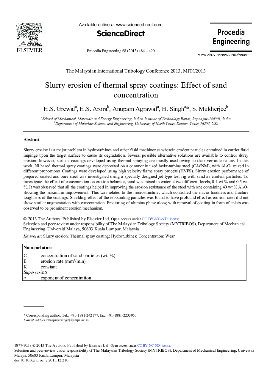 Slurry Erosion of Thermal Spray Coatings: Effect of Sand Concentration 