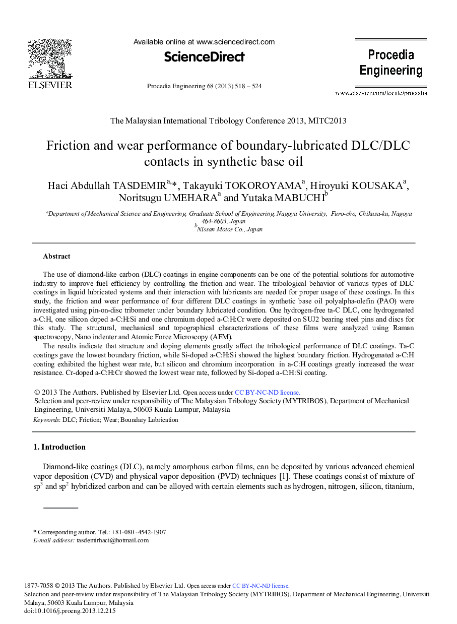 Friction and Wear Performance of Boundary-lubricated DLC/DLC Contacts in Synthetic base Oil 