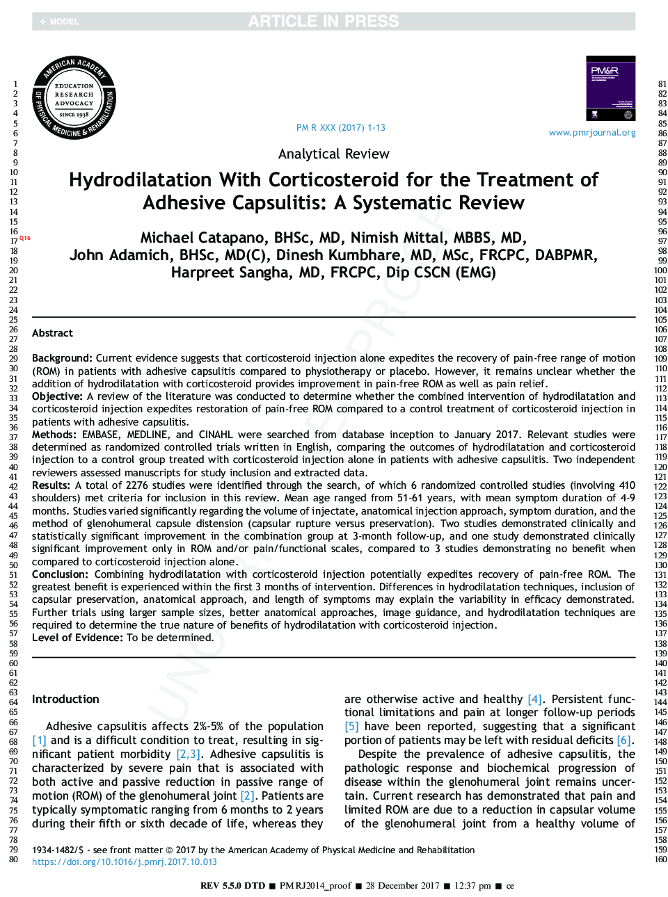 Hydrodilatation With Corticosteroid for the Treatment of Adhesive Capsulitis: A Systematic Review