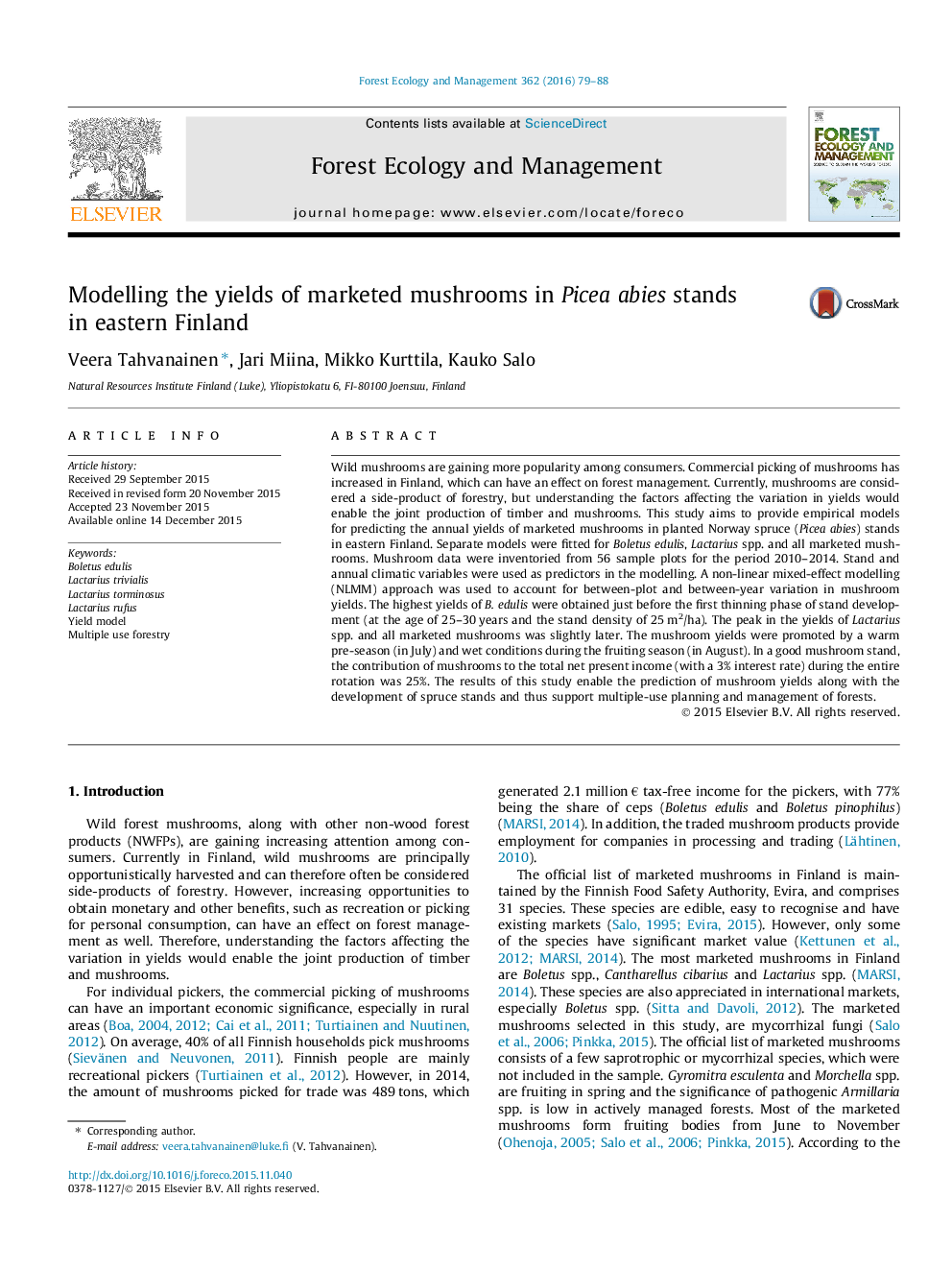 Modelling the yields of marketed mushrooms in Picea abies stands in eastern Finland