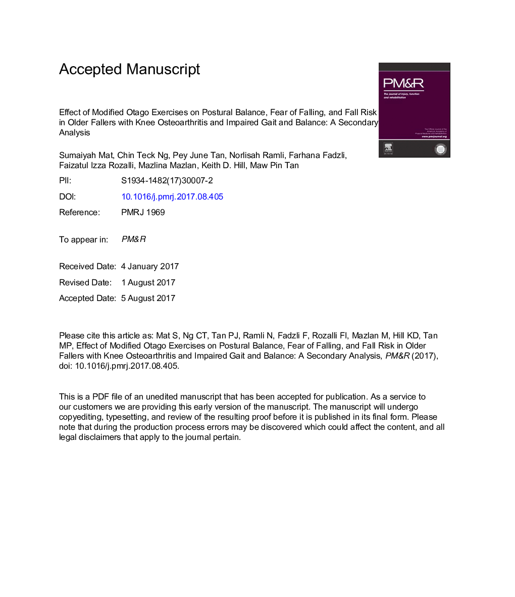 Effect of Modified Otago Exercises on Postural Balance, Fear of Falling, and Fall Risk in Older Fallers With Knee Osteoarthritis and Impaired Gait and Balance: A Secondary Analysis