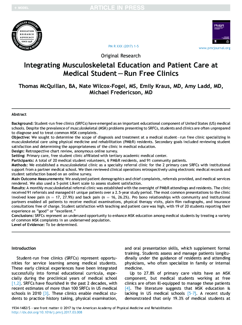 Integrating Musculoskeletal Education and Patient Care at MedicalÂ StudentâRun Free Clinics