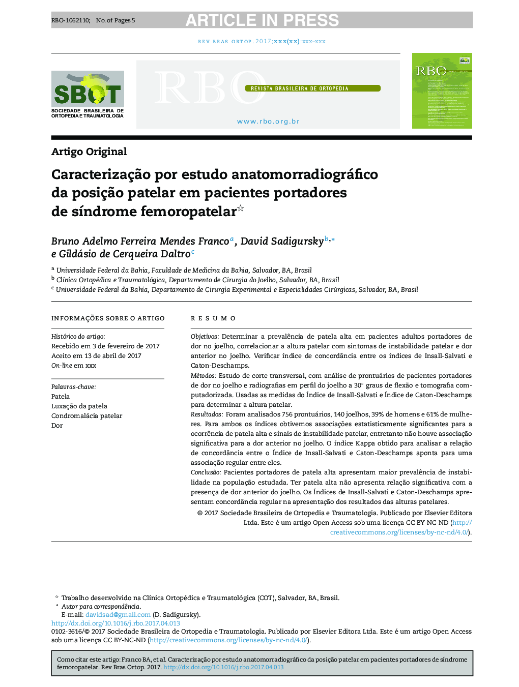 CaracterizaçÃ£o por estudo anatomorradiográfico da posiçÃ£o patelar em pacientes portadores de sÃ­ndrome femoropatelar