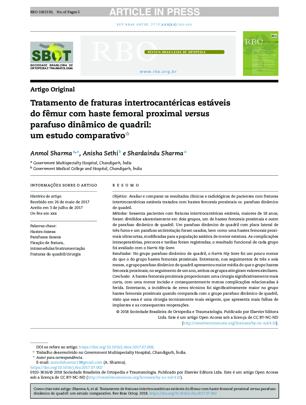 Tratamento de fraturas intertrocantéricas estáveis do fÃªmur com haste femoral proximal versus parafuso dinÃ¢mico de quadril: um estudo comparativo