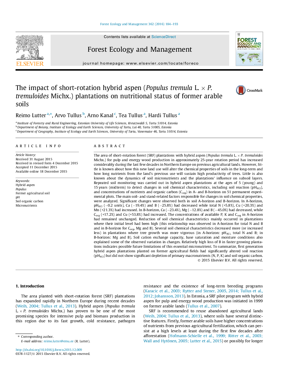 The impact of short-rotation hybrid aspen (Populus tremula L. × P. tremuloides Michx.) plantations on nutritional status of former arable soils