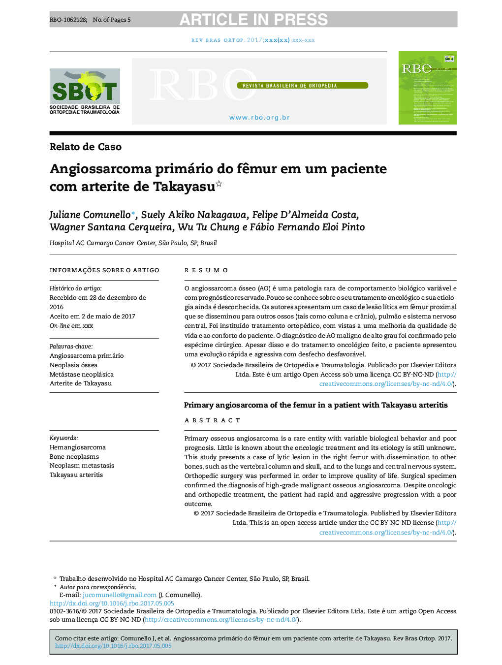 Angiossarcoma primário do fÃªmur em um paciente com arterite de Takayasu