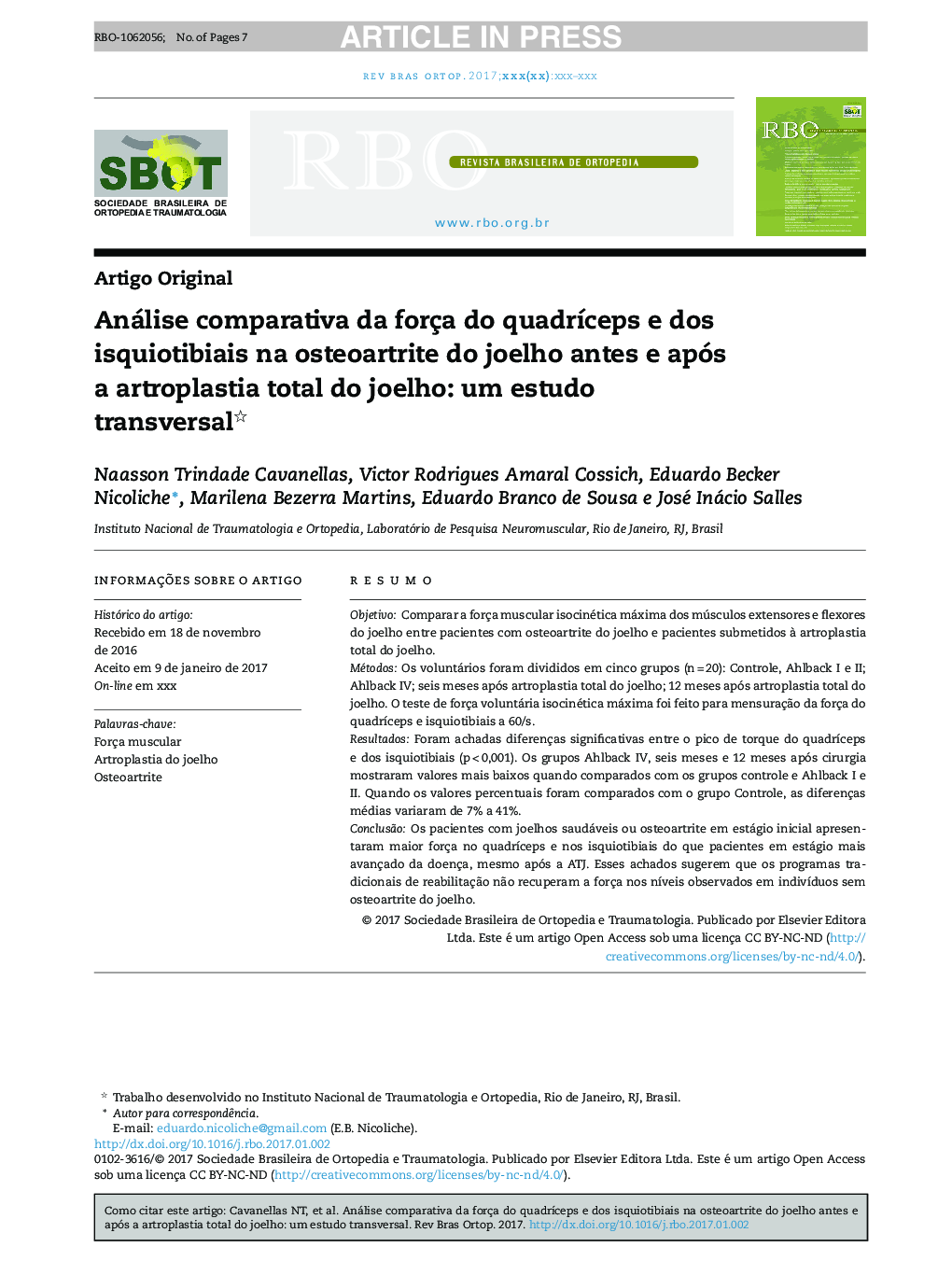 Análise comparativa da força do quadrÃ­ceps e dos isquiotibiais na osteoartrite do joelho antes e após a artroplastia total do joelho: um estudo transversal