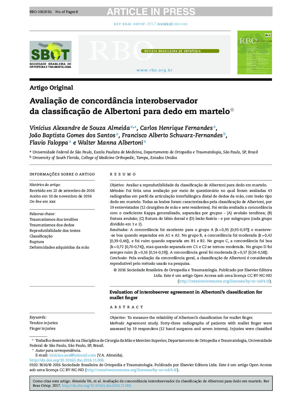 AvaliaçÃ£o de concordÃ¢ncia interobservador da classificaçÃ£o de Albertoni para dedo em martelo