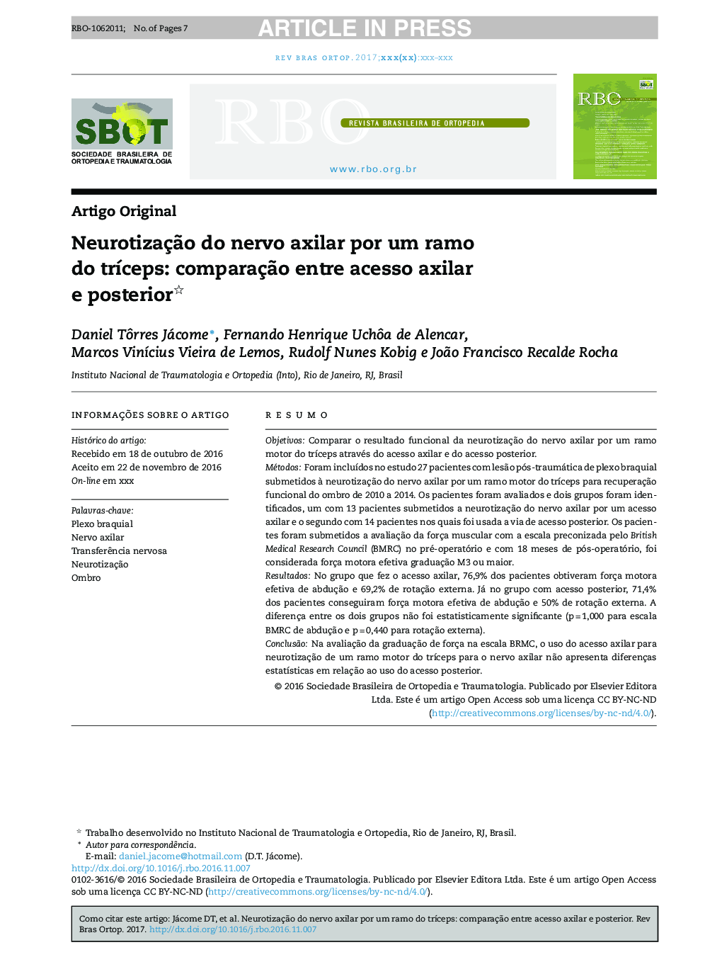 NeurotizaçÃ£o do nervo axilar por um ramo do trÃ­ceps: comparaçÃ£o entre acesso axilar e posterior