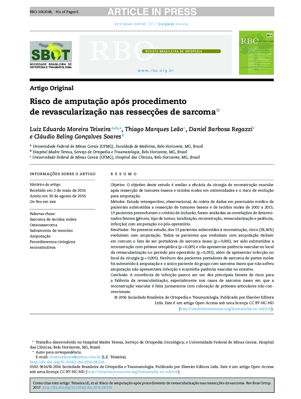 Risco de amputaçÃ£o após procedimento de revascularizaçÃ£o nas ressecçÃµes de sarcoma