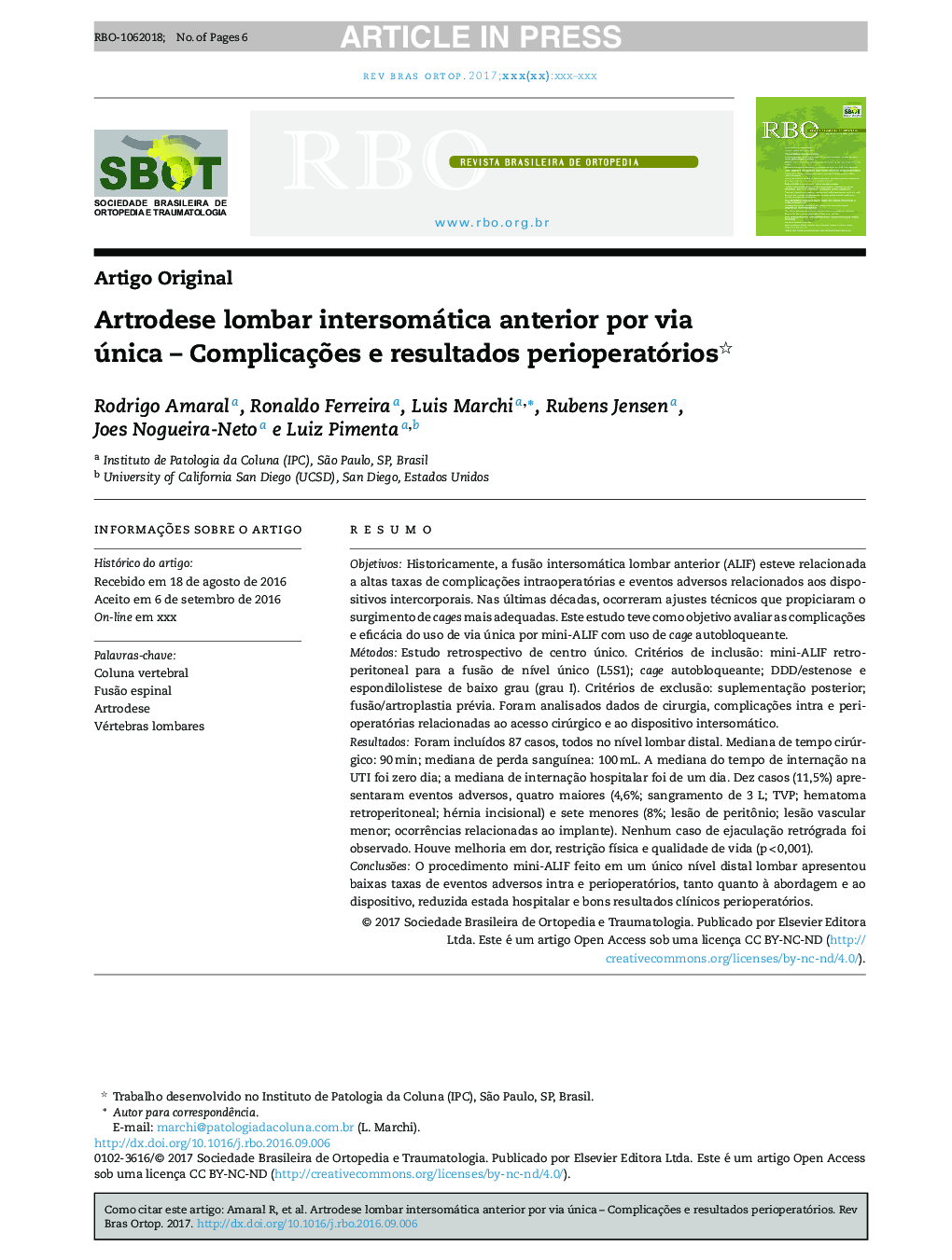 Artrodese lombar intersomática anterior por via única - ComplicaçÃµes e resultados perioperatórios