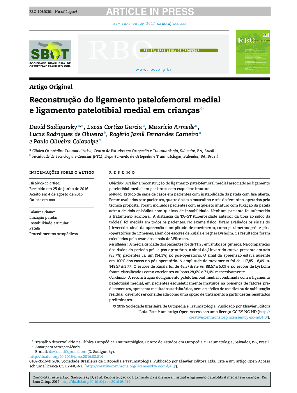 ReconstruçÃ£o do ligamento patelofemoral medial e ligamento patelotibial medial em crianças