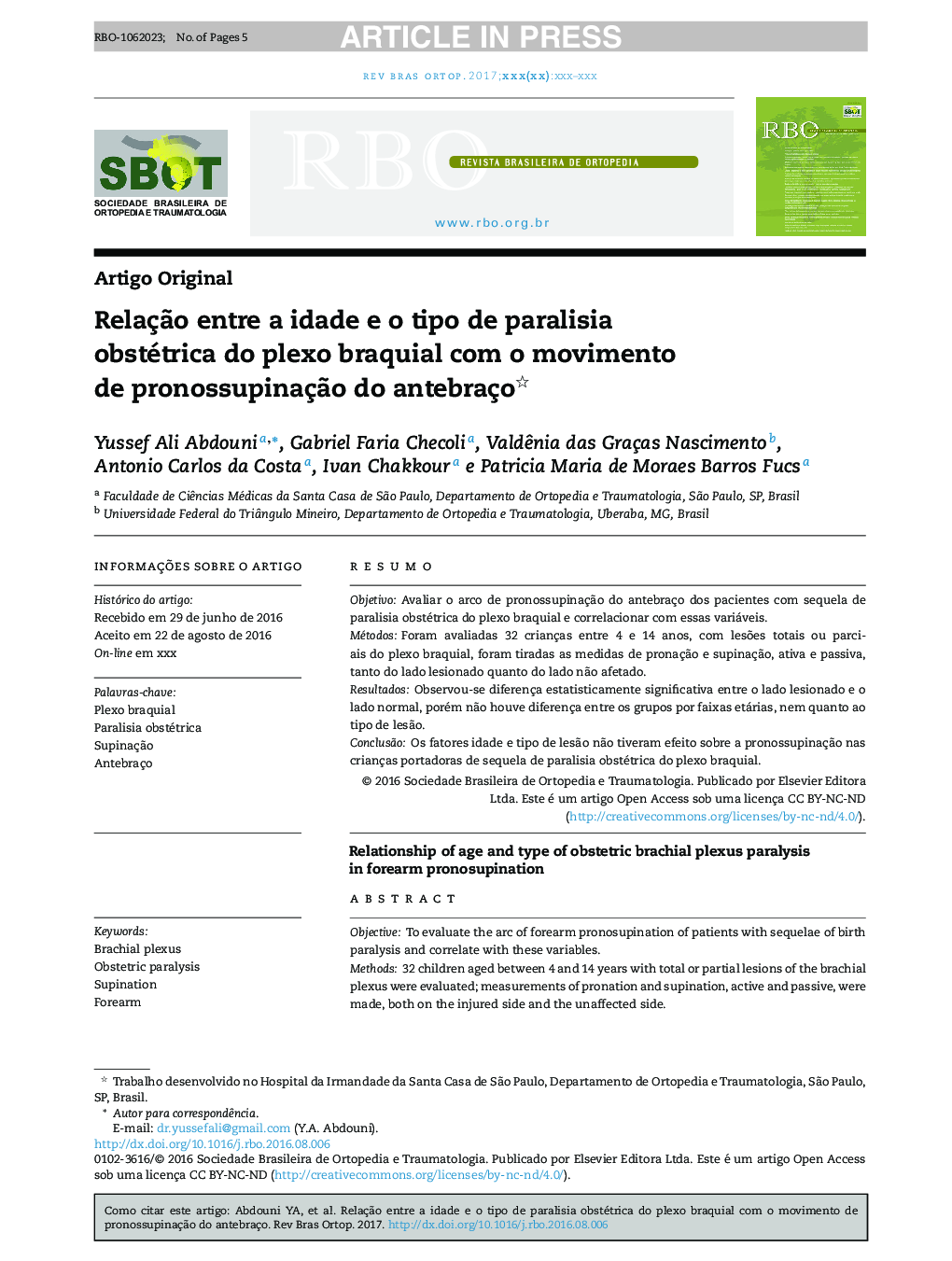 RelaçÃ£o entre a idade e o tipo de paralisia obstétrica do plexo braquial com o movimento de pronossupinaçÃ£o do antebraço