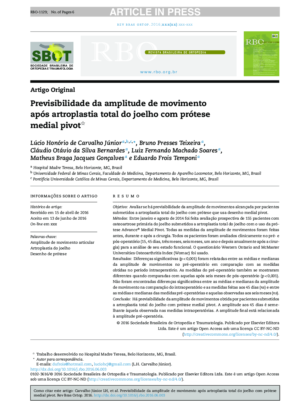 Previsibilidade da amplitude de movimento após artroplastia total do joelho com prótese medial pivot