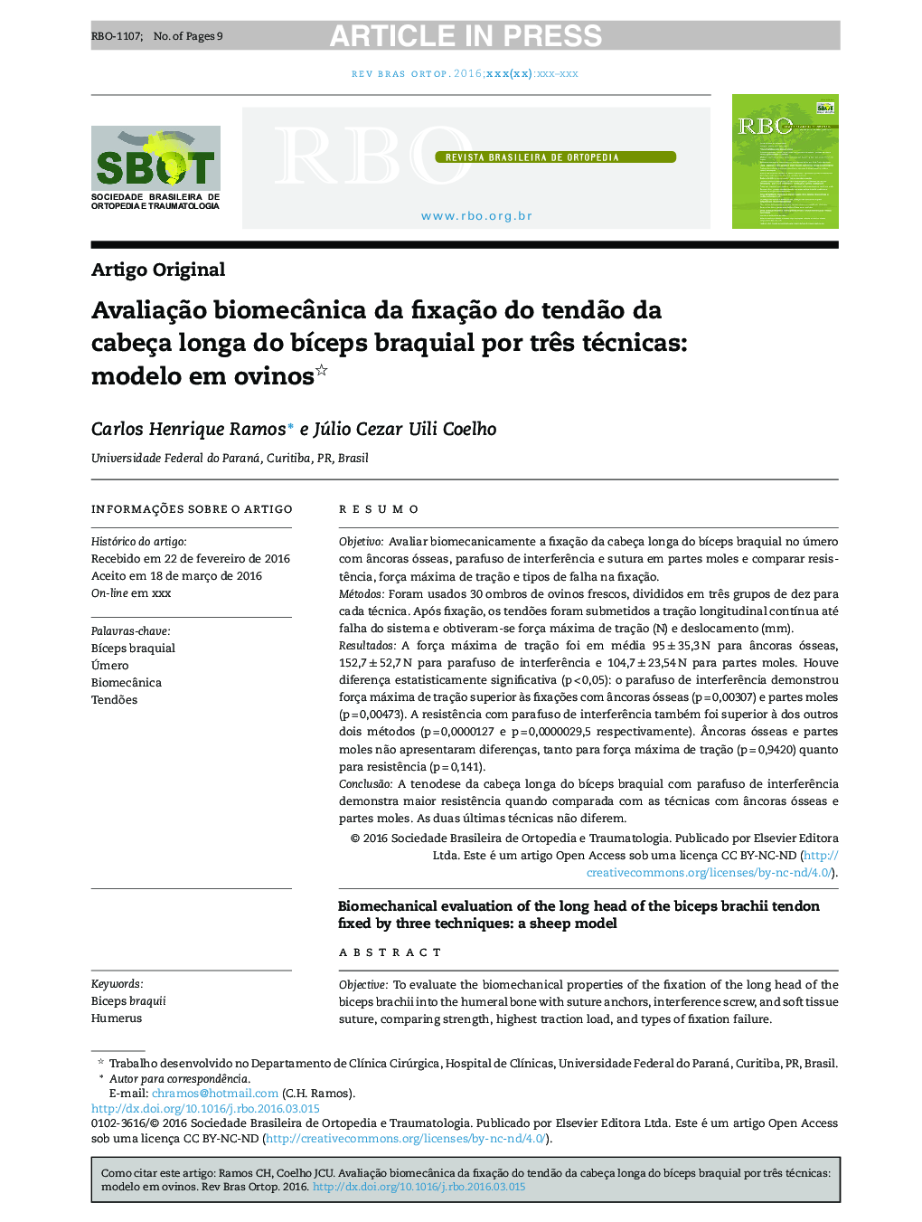 AvaliaçÃ£o biomecÃ¢nica da fixaçÃ£o do tendÃ£o da cabeça longa do bÃ­ceps braquial por trÃªs técnicas: modelo em ovinos