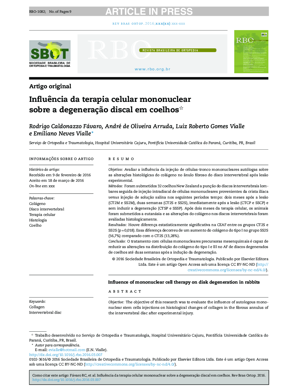 InfluÃªncia da terapia celular mononuclear sobre a degeneraçÃ£o discal em coelhos