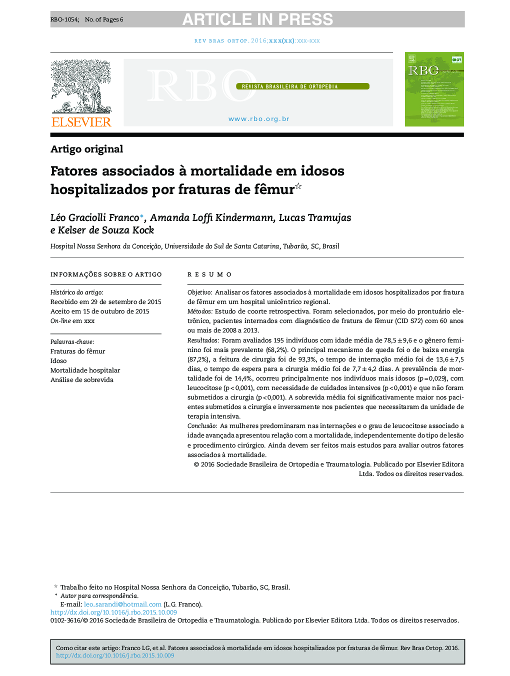 Fatores associados Ã  mortalidade em idosos hospitalizados por fraturas de fÃªmur