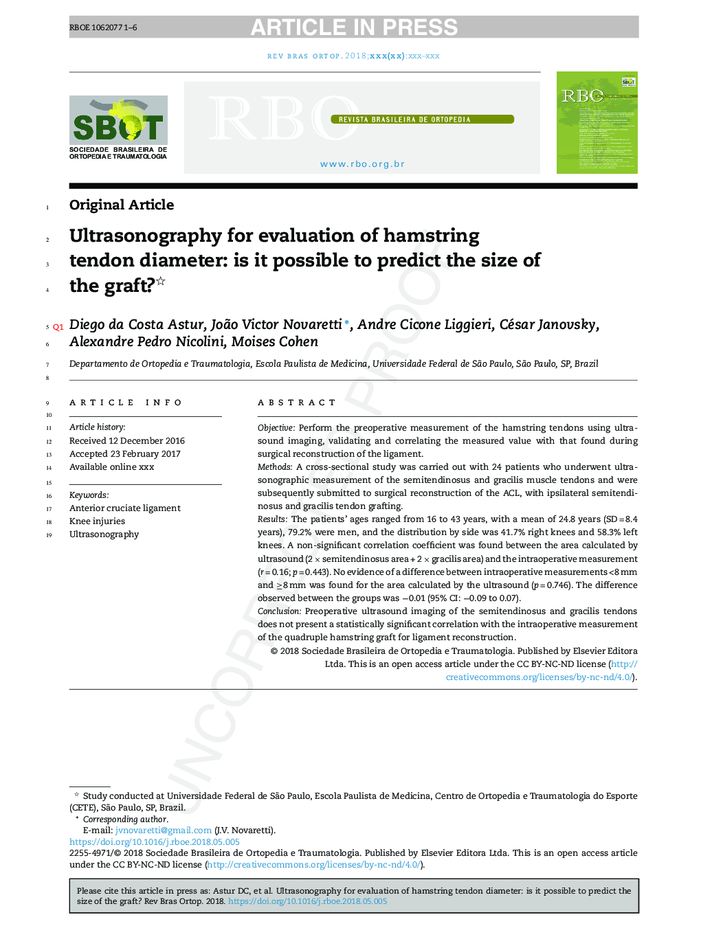 Ultrasonography for evaluation of hamstring tendon diameter: is it possible to predict the size of the graft?