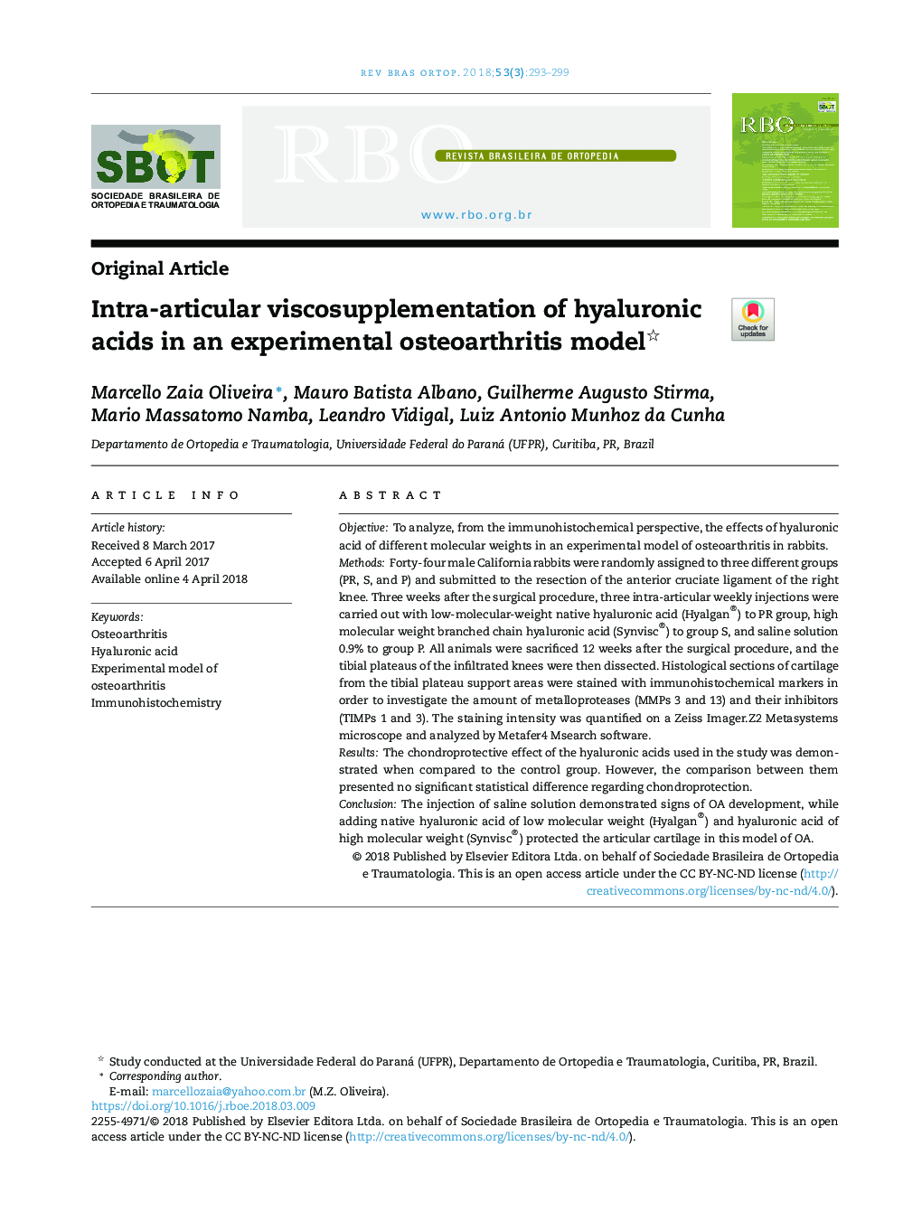 Intra-articular viscosupplementation of hyaluronic acids in an experimental osteoarthritis model