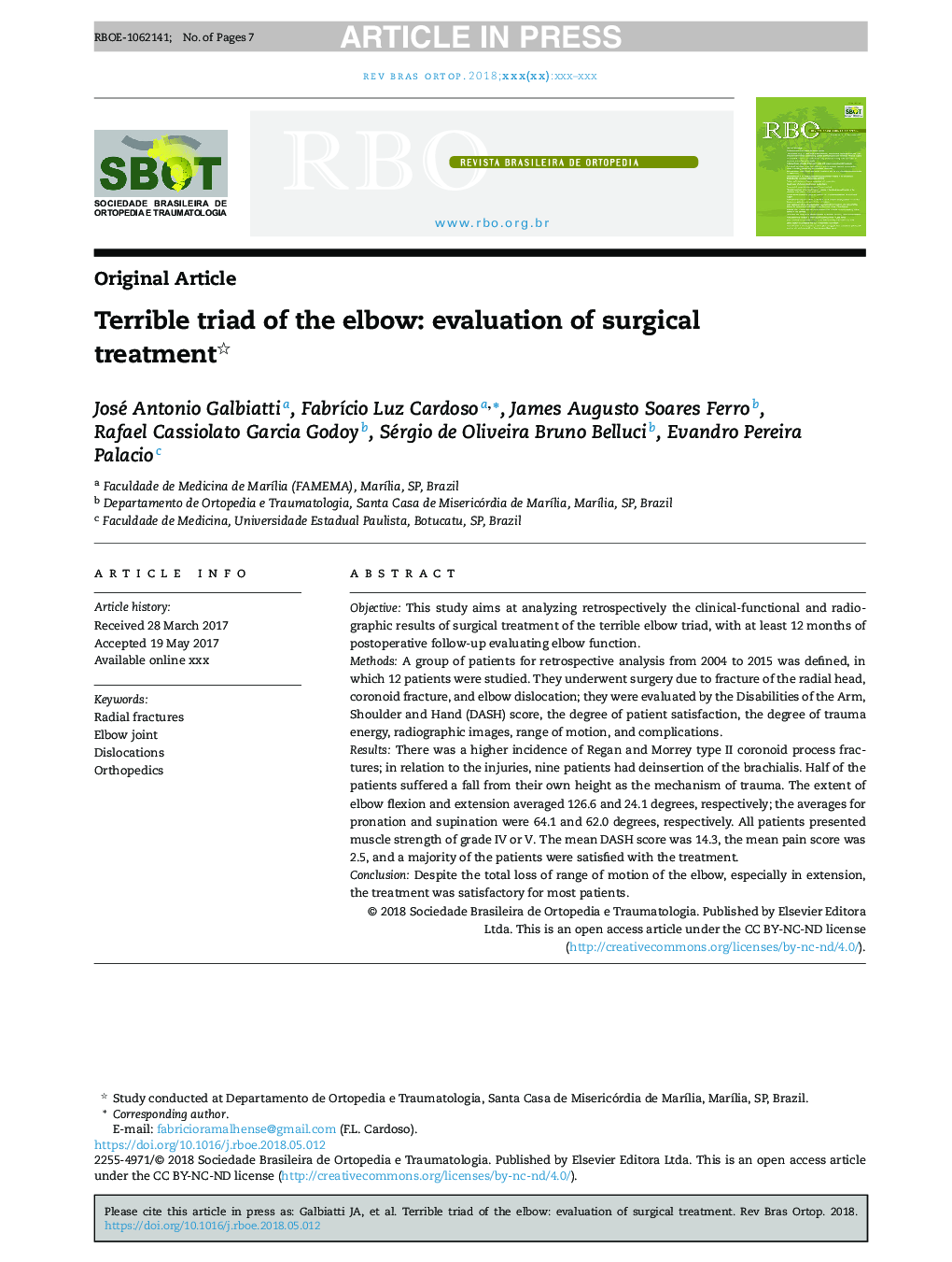 Terrible triad of the elbow: evaluation of surgical treatment
