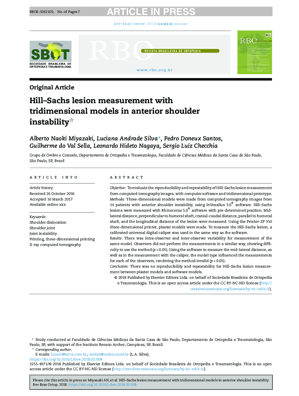 Hill-Sachs lesion measurement with tridimensional models in anterior shoulder instability