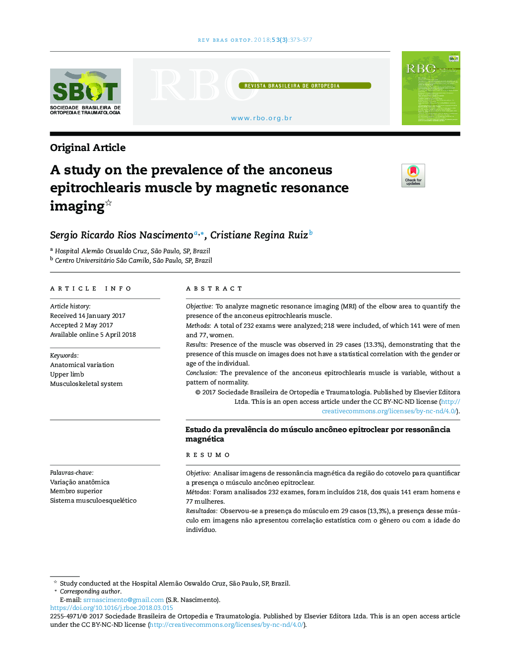 A study on the prevalence of the anconeus epitrochlearis muscle by magnetic resonance imaging