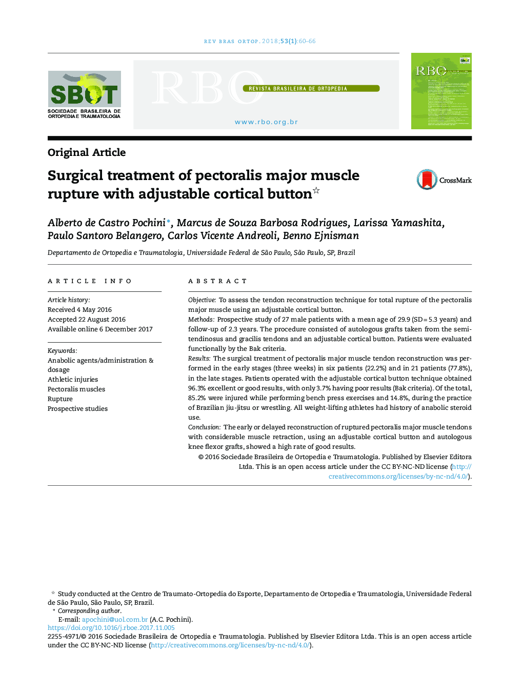 Surgical treatment of pectoralis major muscle rupture with adjustable cortical button