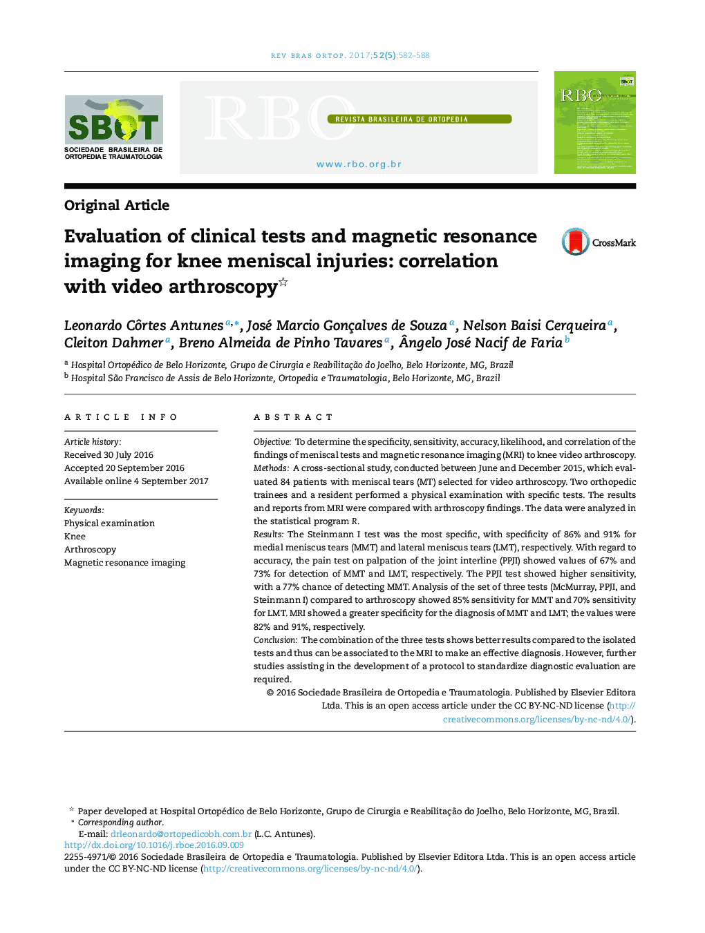 Evaluation of clinical tests and magnetic resonance imaging for knee meniscal injuries: correlation with video arthroscopy