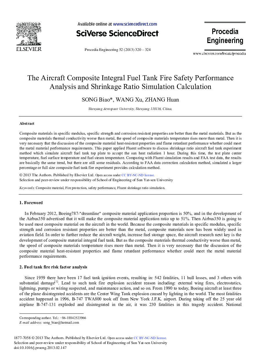 The Aircraft Composite Integral Fuel Tank Fire Safety Performance Analysis and Shrinkage Ratio Simulation Calculation 