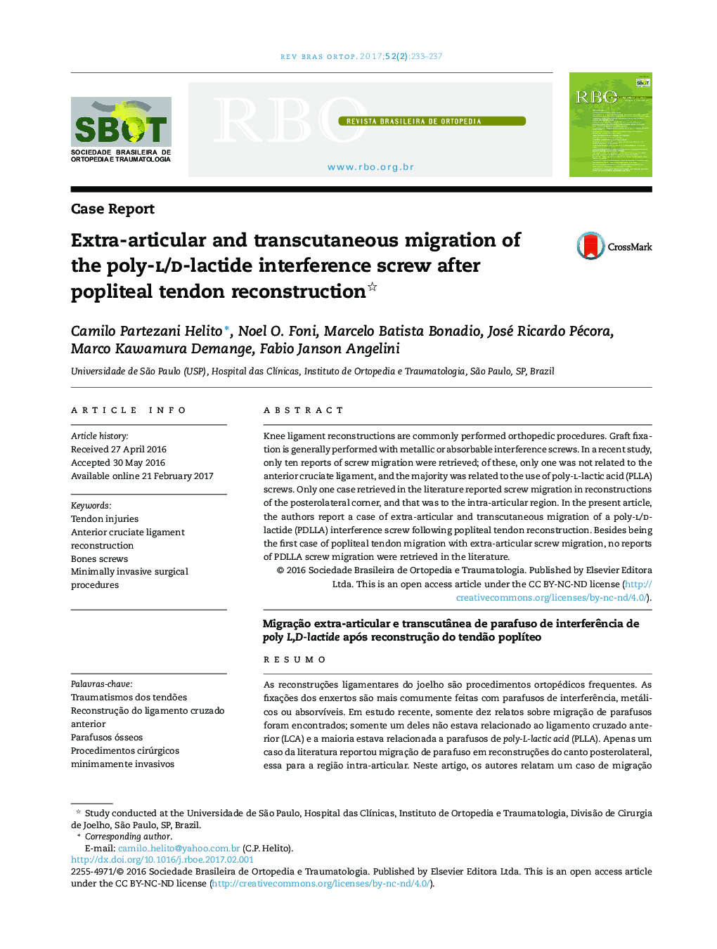 Extra-articular and transcutaneous migration of the poly-l/d-lactide interference screw after popliteal tendon reconstruction