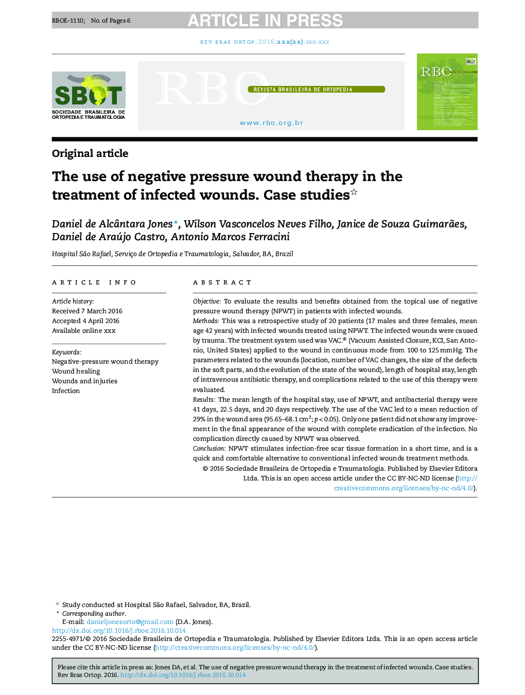 The use of negative pressure wound therapy in the treatment of infected wounds. Case studies