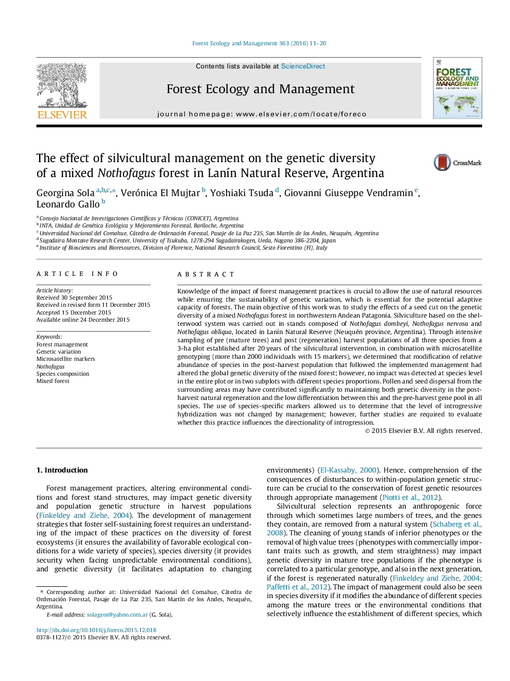 The effect of silvicultural management on the genetic diversity of a mixed Nothofagus forest in Lanín Natural Reserve, Argentina