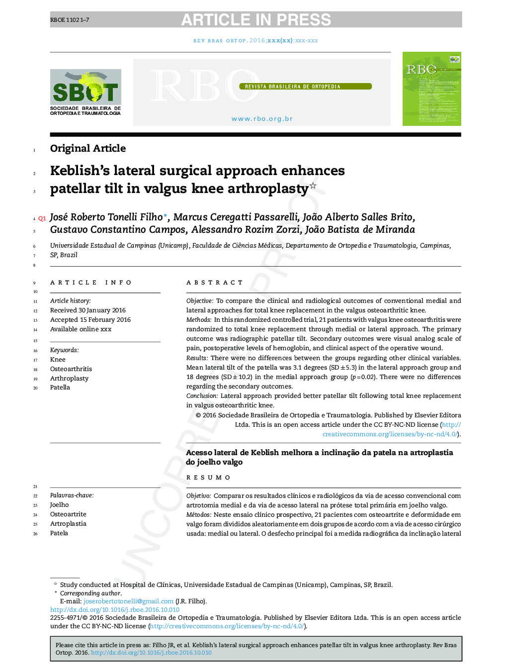 Keblish's lateral surgical approach enhances patellar tilt in valgus knee arthroplasty