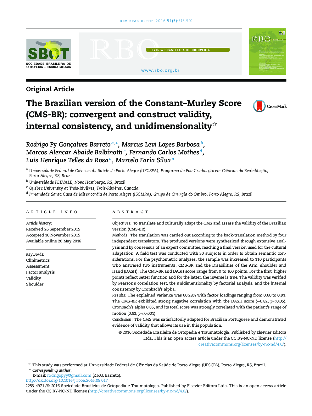 The Brazilian version of the Constant-Murley Score (CMS-BR): convergent and construct validity, internal consistency, and unidimensionality