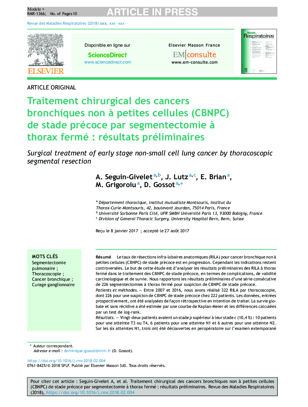 Traitement chirurgical des cancers bronchiques non Ã  petites cellules (CBNPC) de stade précoce par segmentectomie Ã  thorax ferméÂ : résultats préliminaires