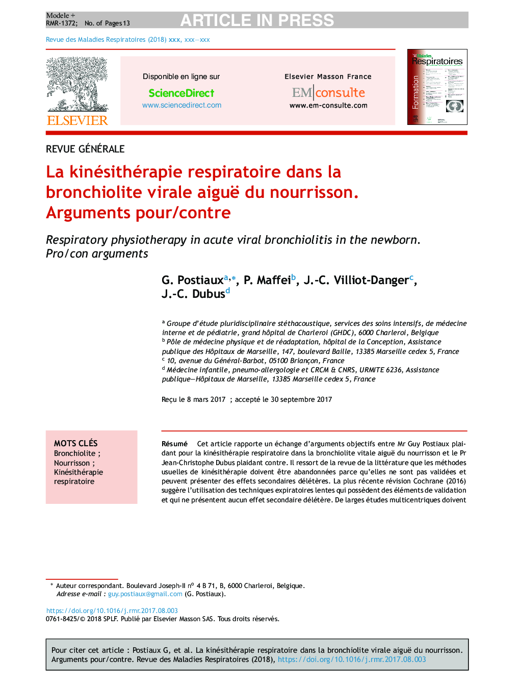 La kinésithérapie respiratoire dans la bronchiolite virale aiguë du nourrisson. Arguments pour/contre