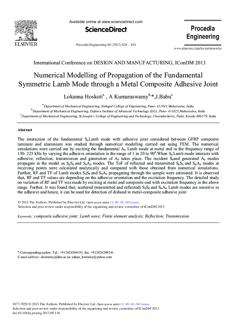 Numerical Modelling of Propagation of the Fundamental Symmetric Lamb Mode through a Metal Composite Adhesive Joint 