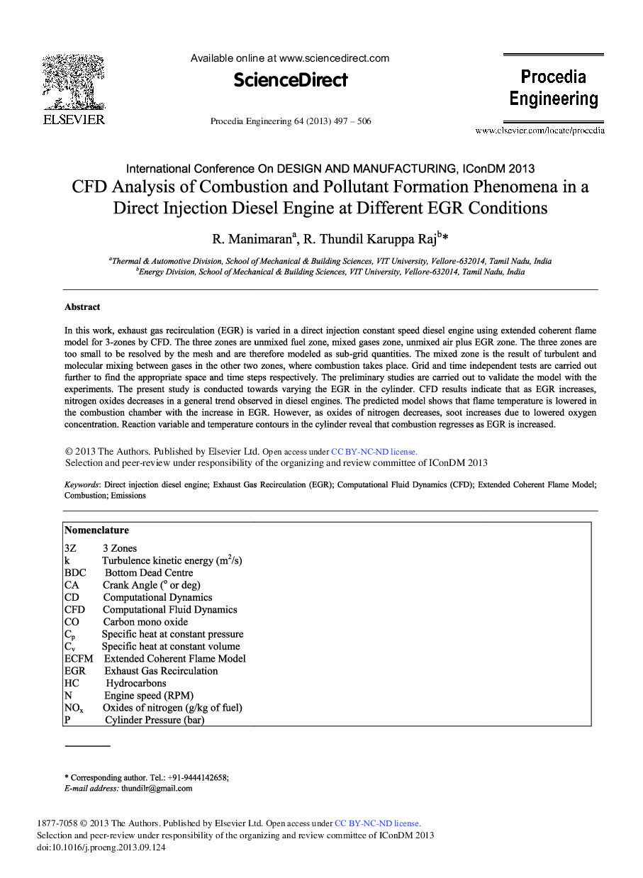 CFD Analysis of Combustion and Pollutant Formation Phenomena in a Direct Injection Diesel Engine at Different EGR Conditions 