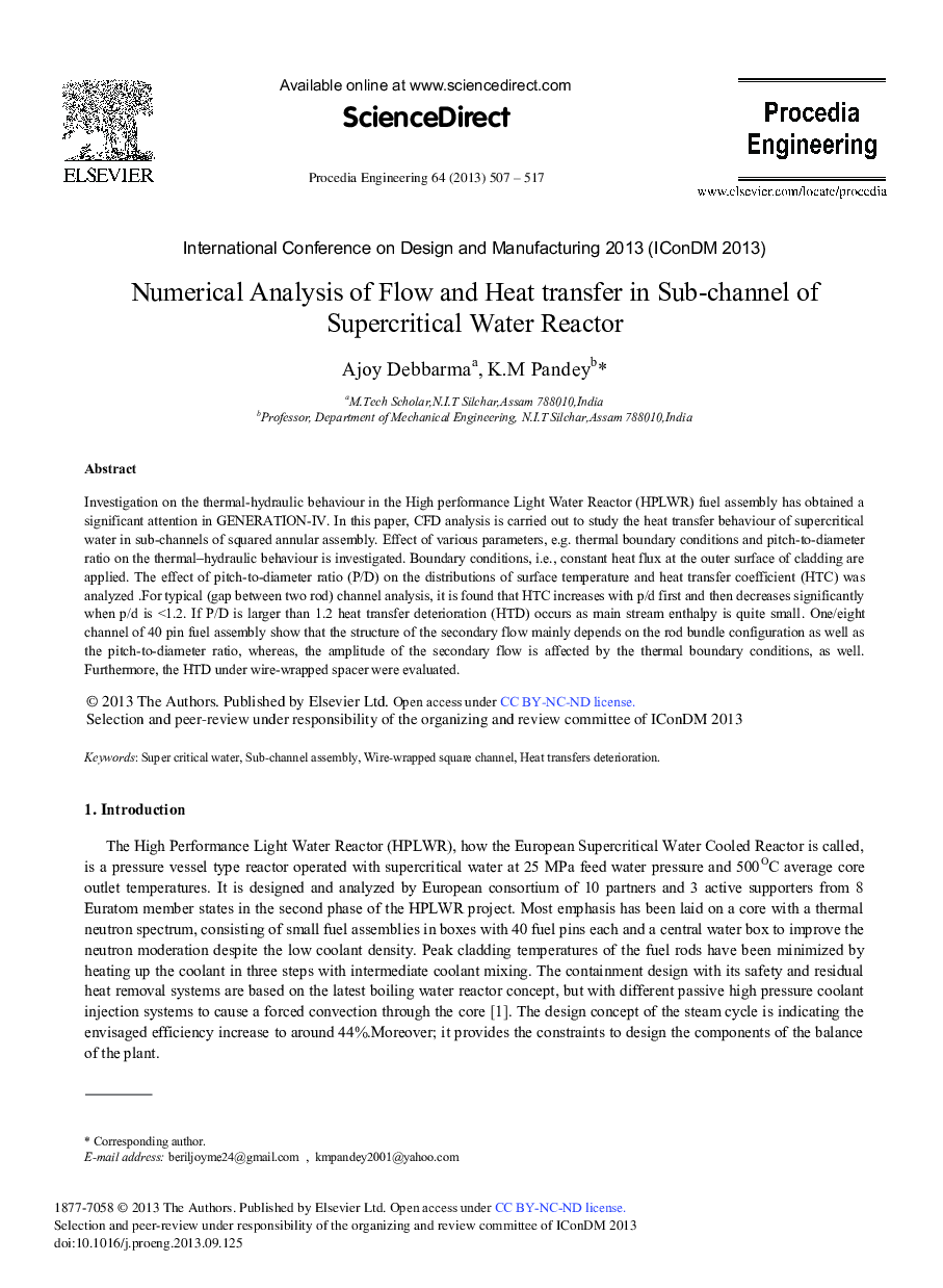 Numerical Analysis of Flow and Heat transfer in Sub-channel of Supercritical Water Reactor 