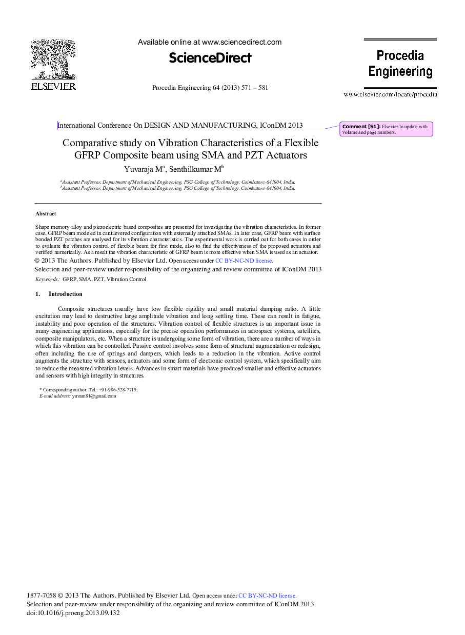 Comparative Study on Vibration Characteristics of a Flexible GFRP Composite Beam Using SMA and PZT Actuators 