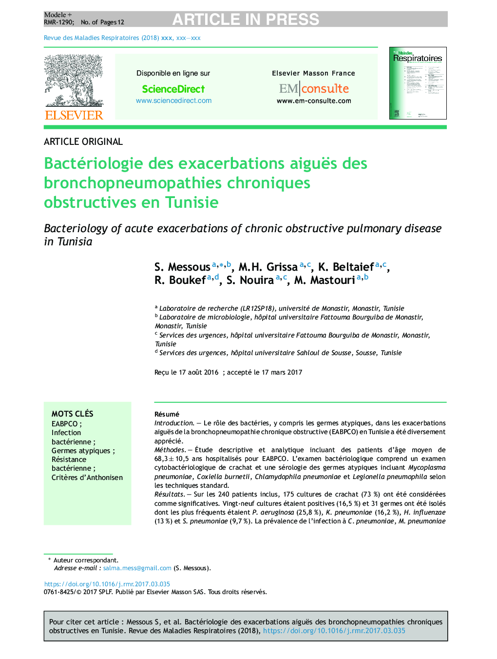 Bactériologie des exacerbations aiguës des bronchopneumopathies chroniques obstructives en Tunisie