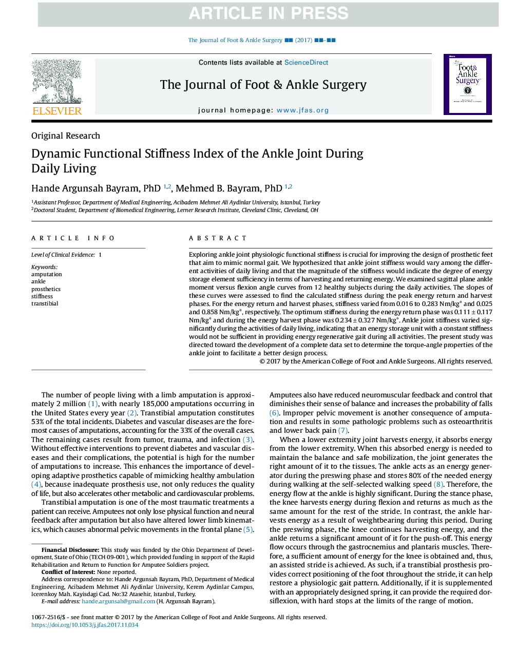 Dynamic Functional Stiffness Index of the Ankle Joint During Daily Living