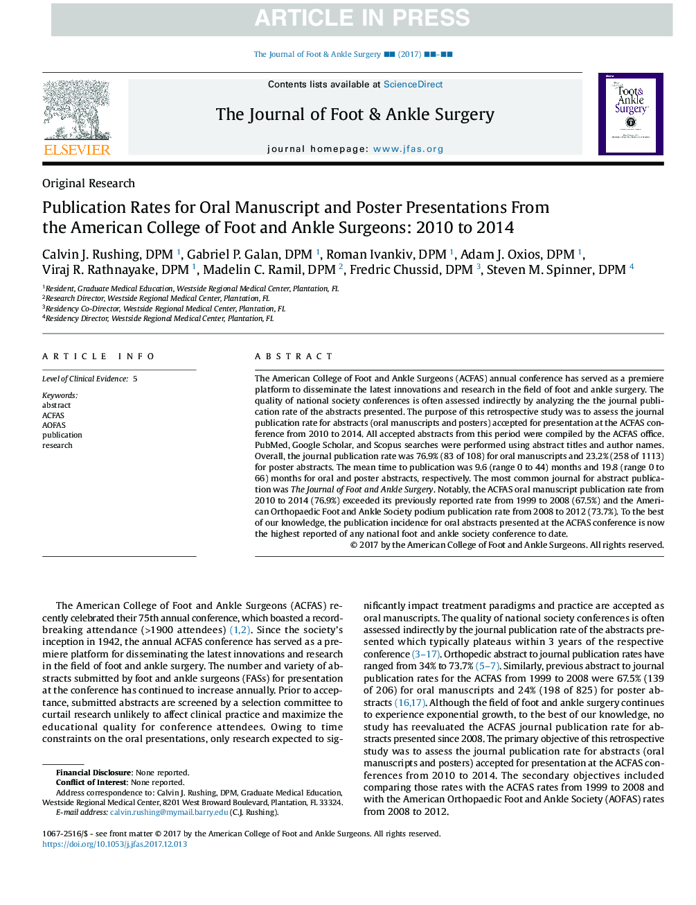 نرخ انتشار برای دست نوشته ها و پوسترهای ارائه شده از کالج آمریکایی جراحان پا و مچ پا: 2010 تا 2014 