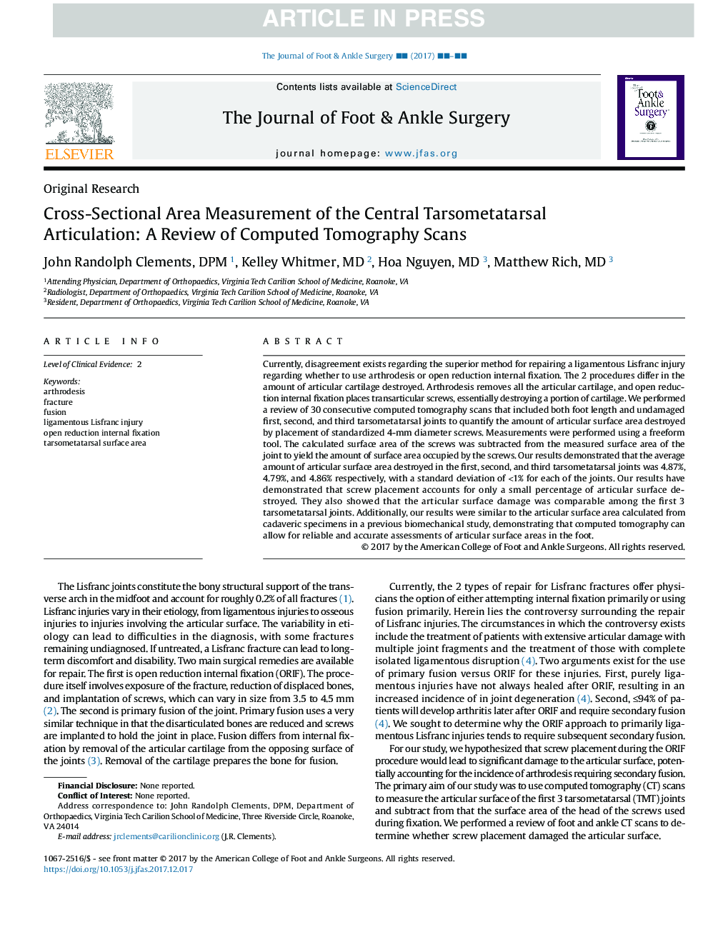 Cross-Sectional Area Measurement of the Central Tarsometatarsal Articulation: A Review of Computed Tomography Scans