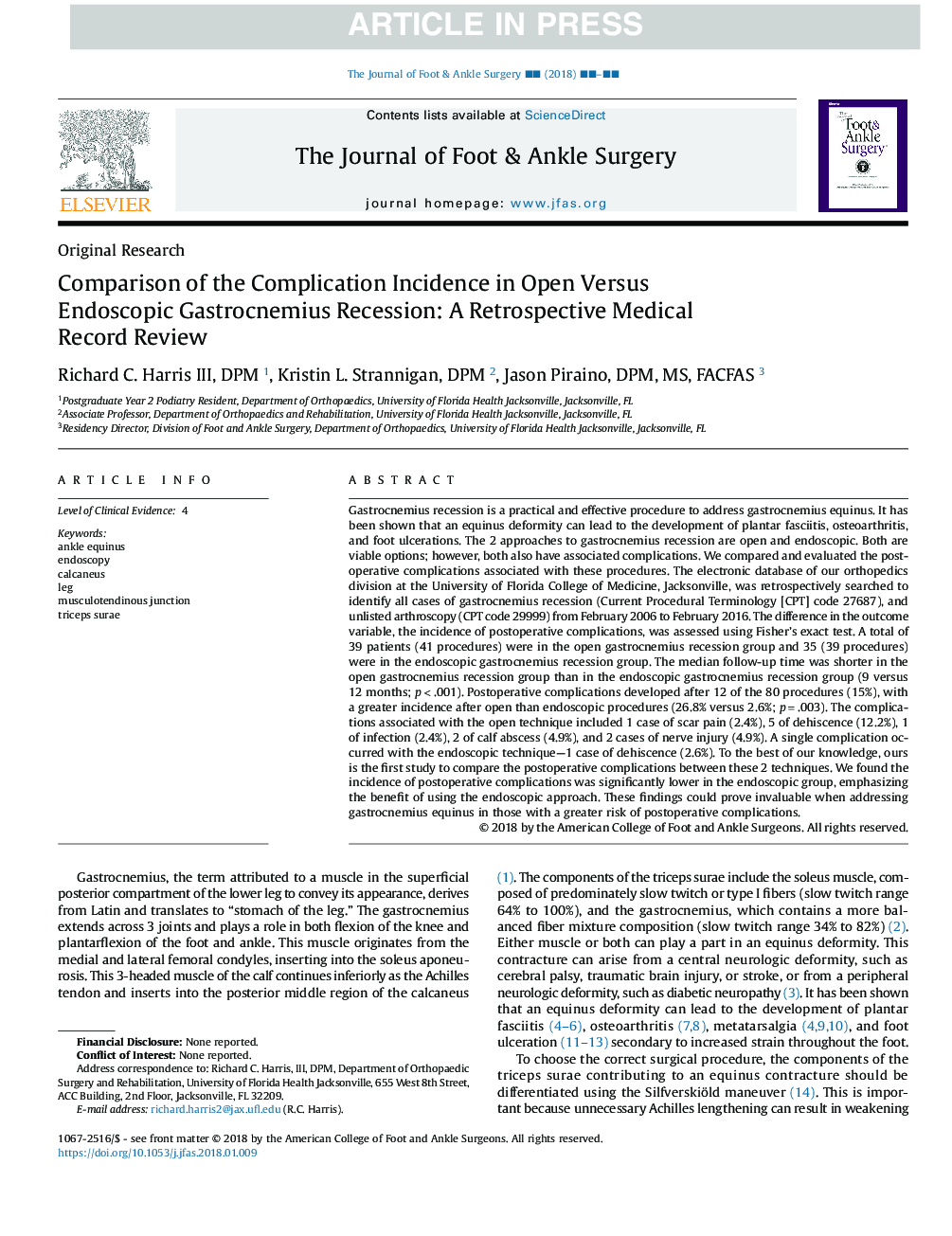 Comparison of the Complication Incidence in Open Versus Endoscopic Gastrocnemius Recession: A Retrospective Medical Record Review