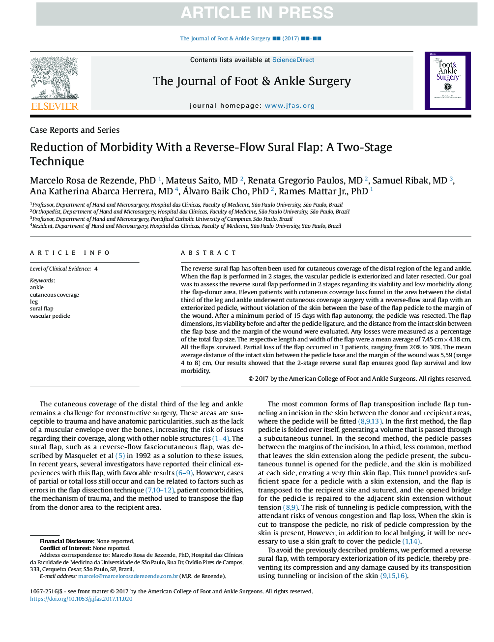 Reduction of Morbidity With a Reverse-Flow Sural Flap: A Two-Stage Technique