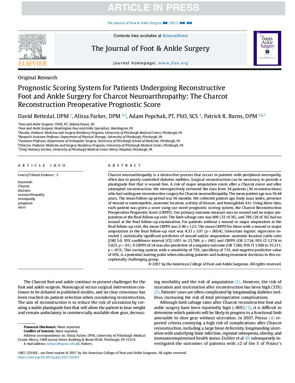 Prognostic Scoring System for Patients Undergoing Reconstructive Foot and Ankle Surgery for Charcot Neuroarthropathy: The Charcot Reconstruction Preoperative Prognostic Score