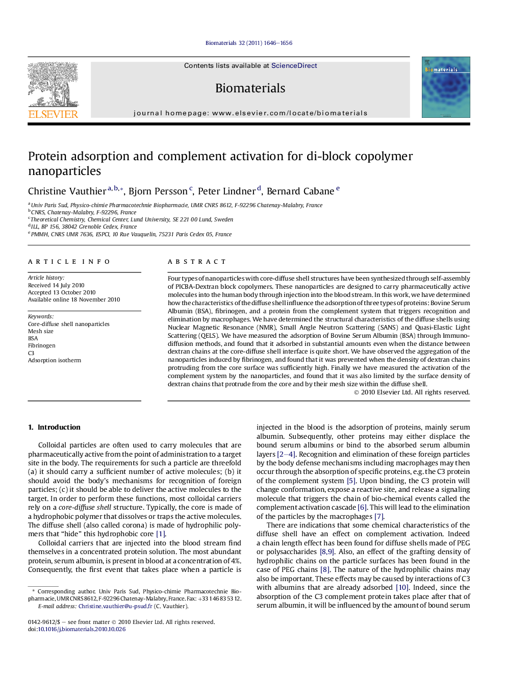 Protein adsorption and complement activation for di-block copolymer nanoparticles